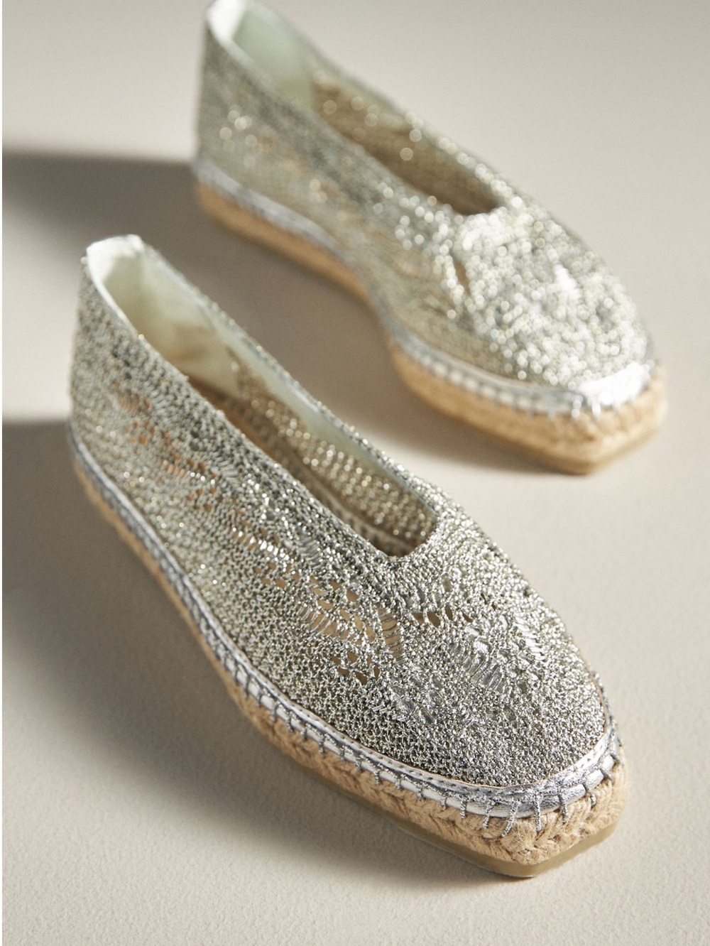 🇪🇸 Castañer Kim Metallic Woven Espadrille Flats New Size 8 8.5 Silver Grey